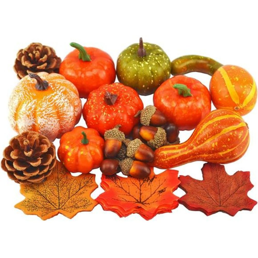 Mixture of Artificial Pumpkins, Lifelike Maple Leaves, Realistic Acorn (50pcs)